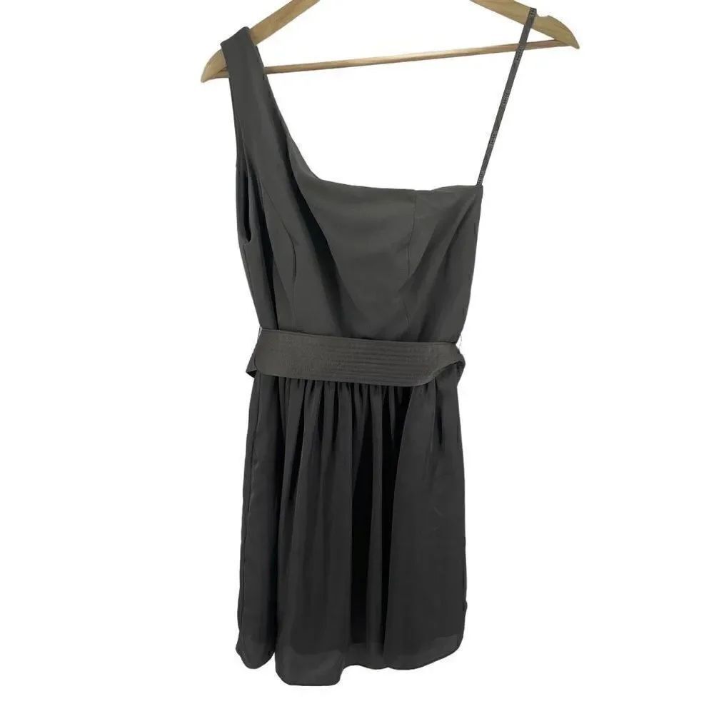 White By Vera Wang Womens One Shoulder Dress Belted Mini Zip Back charcoal gray